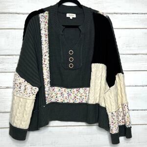 Mello Patchwork Sweater Colorblock Knit Henley Boho Size Small